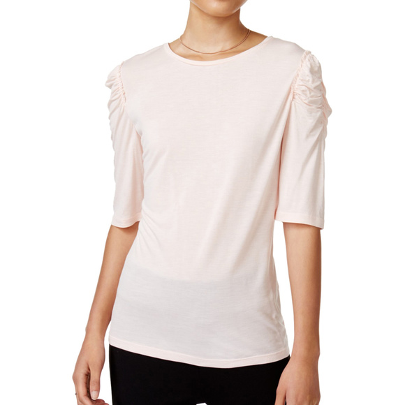 Bar III Crew Neck Ruched Shoulder T-Shirt Blouse - Picture 1 of 1